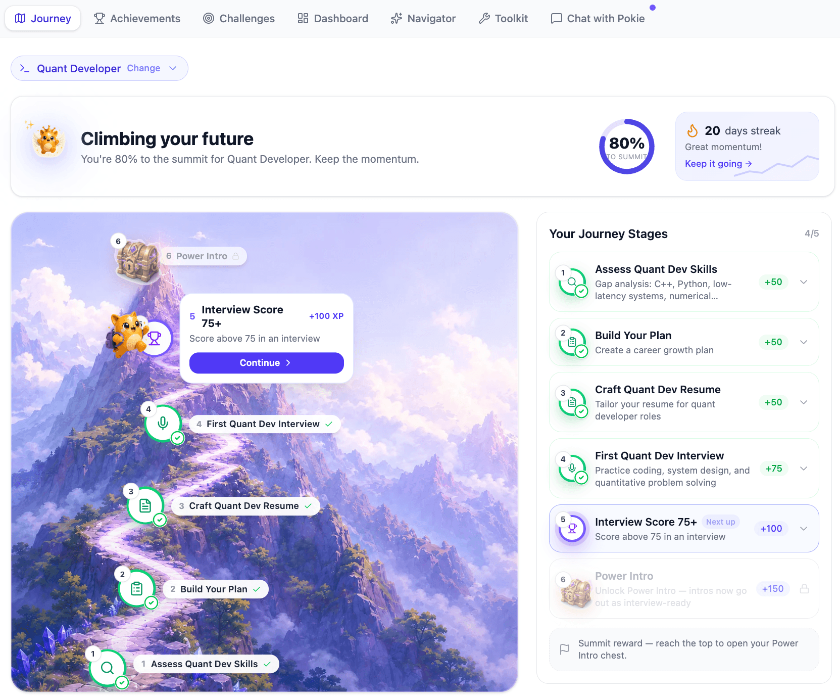 PokeBot Journey page: a climber's path up a mountain, from skill assessment at base camp to a Power Intro at the summit