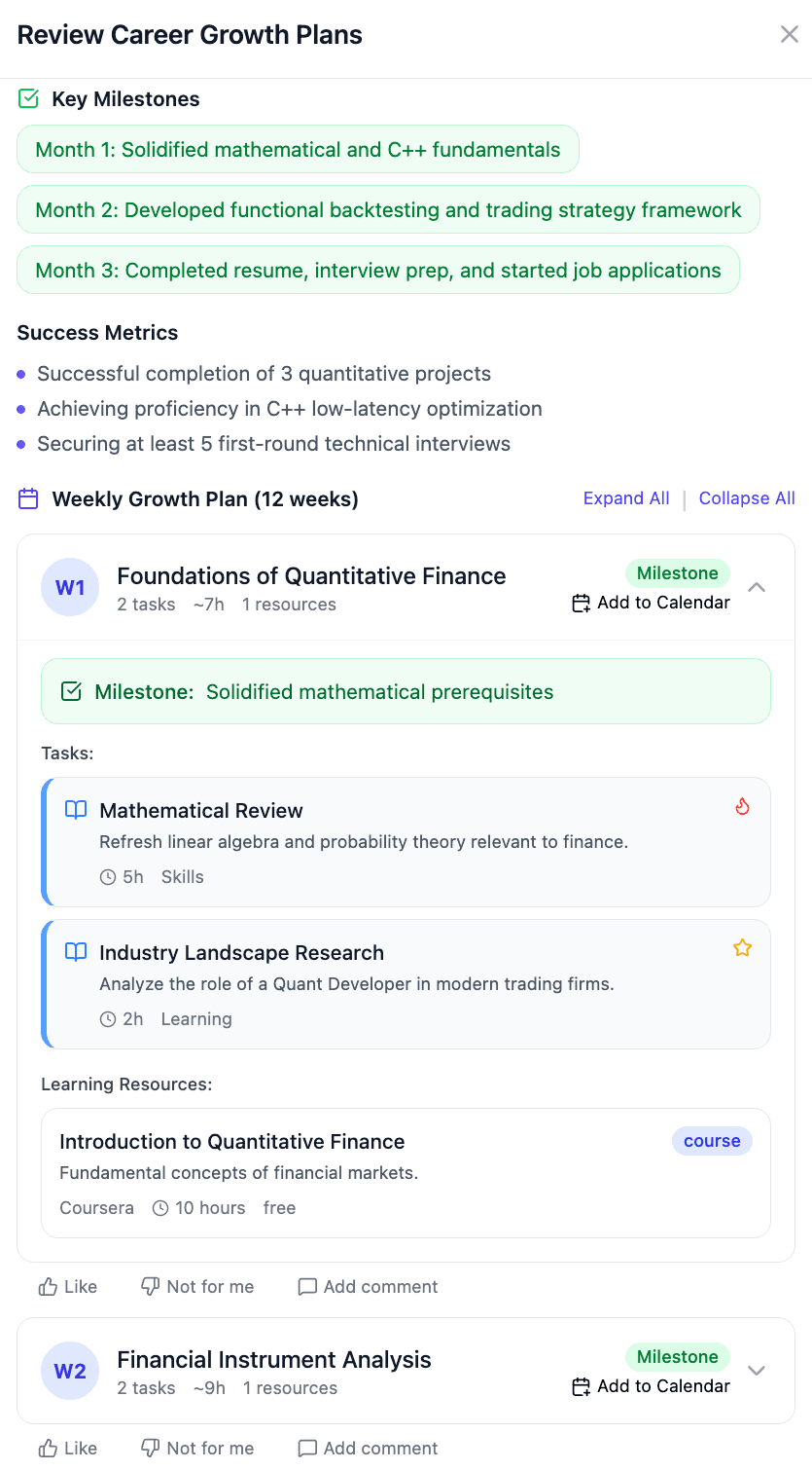 Career growth plan with weekly milestones, tasks, and learning resources