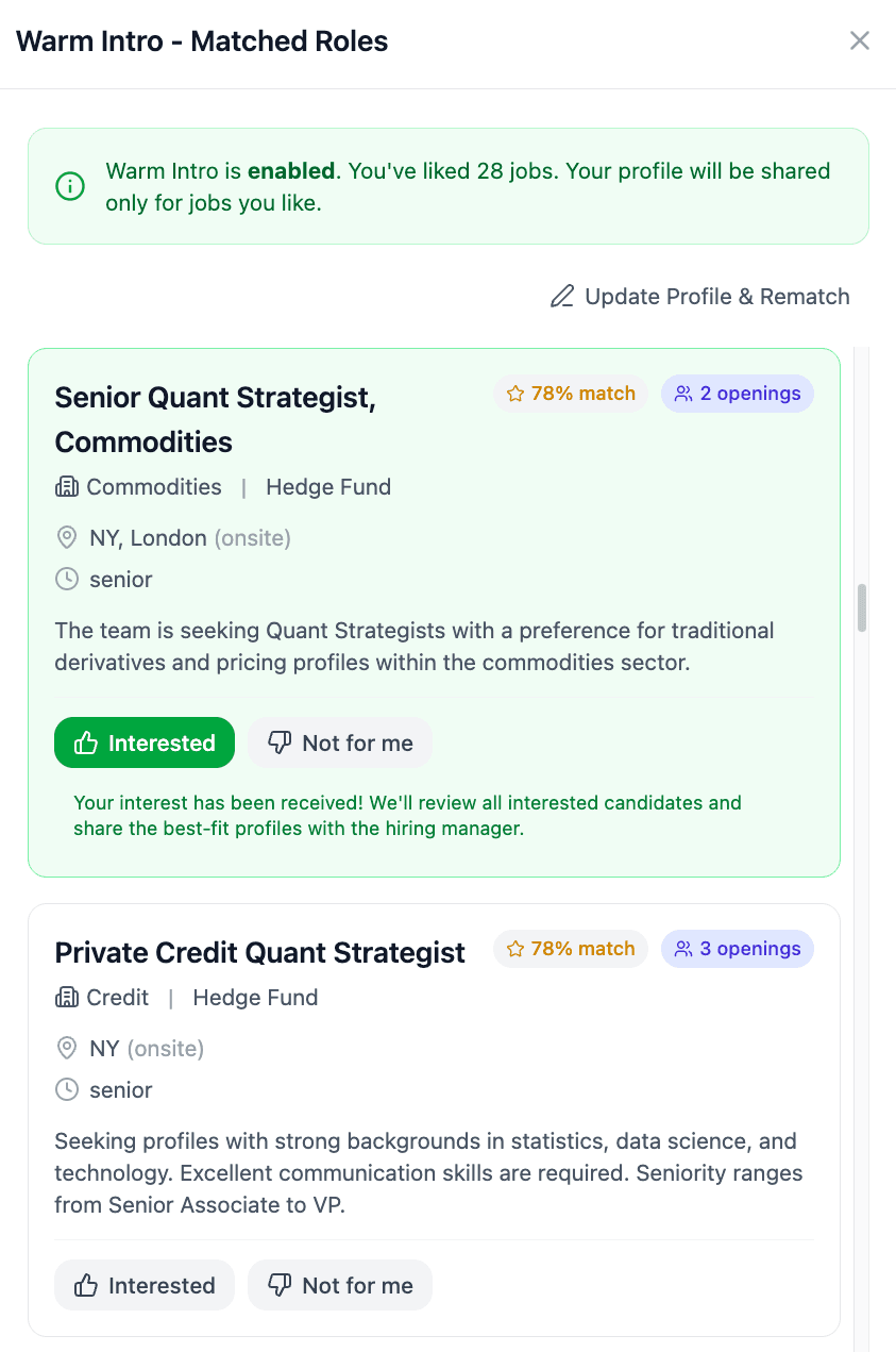 Warm Intro matched roles with compatibility scores and interest buttons